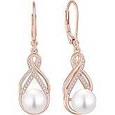 Blaniy Pearl Dangle Drop Earrings 925 Sterling Silver Infinity Leverback Earrings with 8MM White Pearl Jewelry Gifts for Women