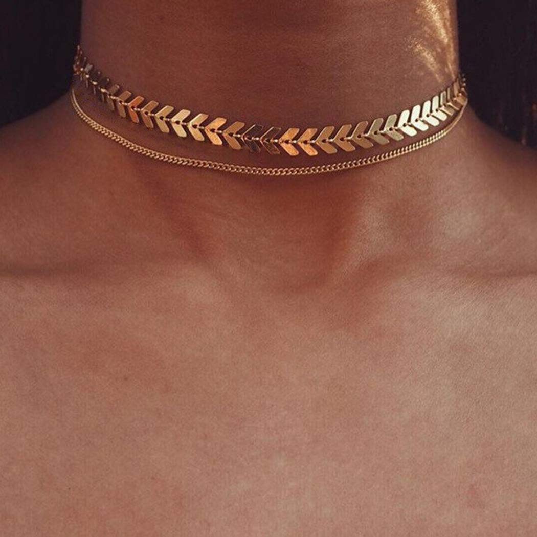 TseenYi Boho Fishbone Choker Necklace Gold Layering Necklace Chain Chevron Charm Necklace Jewelry for Women and Girls (Gold)