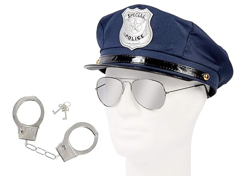 Alsino Polizei Cop Accessoires Fasching Karneval Outfit (kv-30) Polizeimütze mit Handschellen & Pilotenbrille Silber