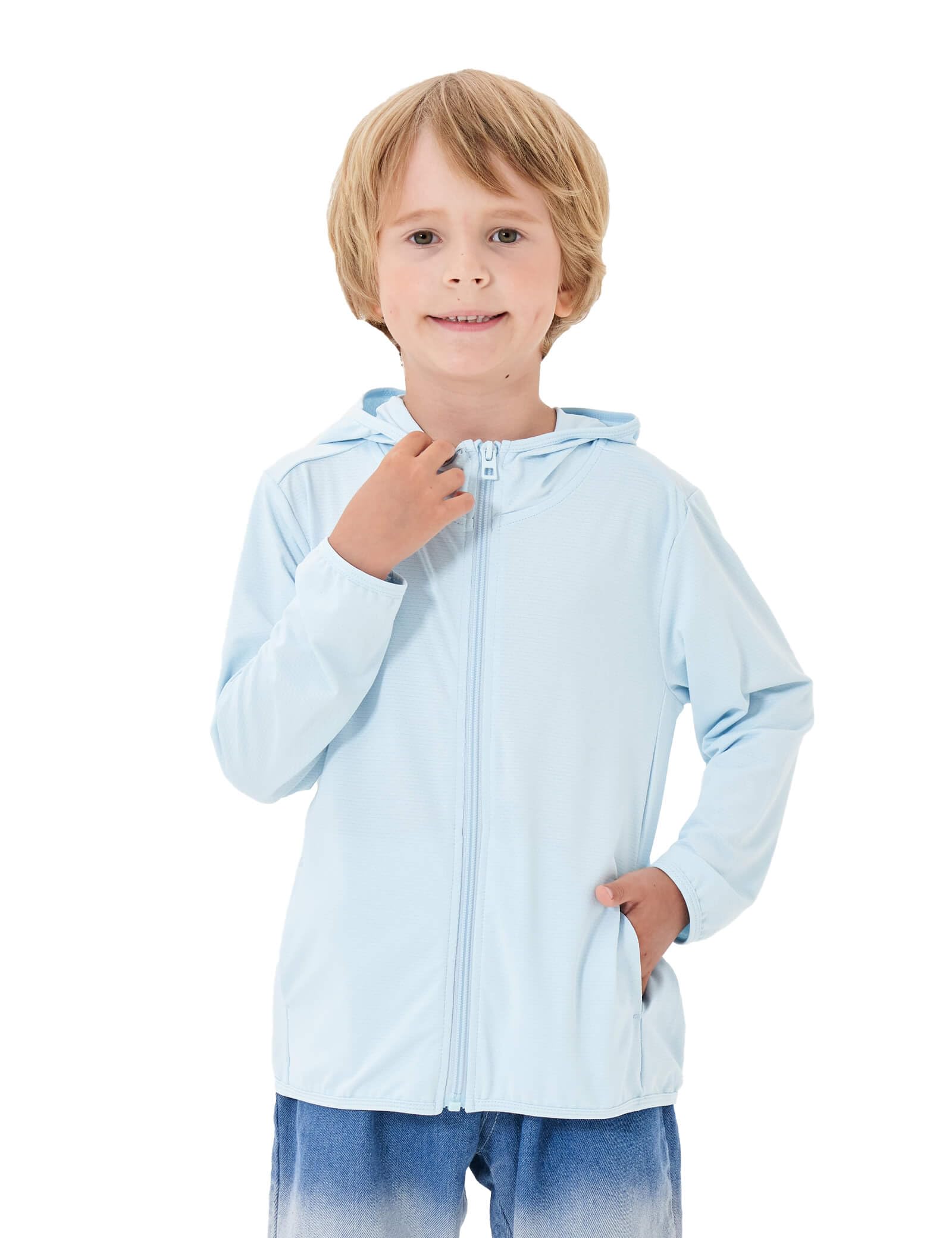 Photo 1 of TAGIHOO Kids Zipper Sun Protection Jacket Boys Girls Hooded Cooling Shirt Pockets Fishing Running Outdoor (Blue,130)