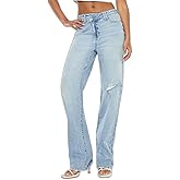 Womens Casual Straight Leg Jeans Retro High Waisted Distressed Denim Pants Light Blue Wash Vintage Style
