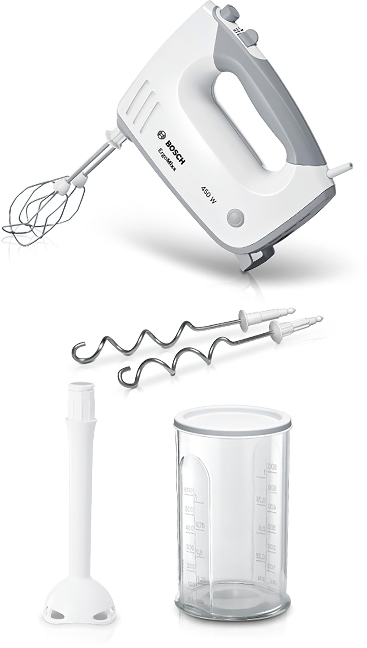 Bosch Handrührgerät, 2 Rührbesen, 2 Knethaken, Edelstahl, spülmaschinenfest, Pürierstab, Mixbecher, 5 Stufen plus Turbostufe, 450 W, weiß, ErgoMixx MFQ36440