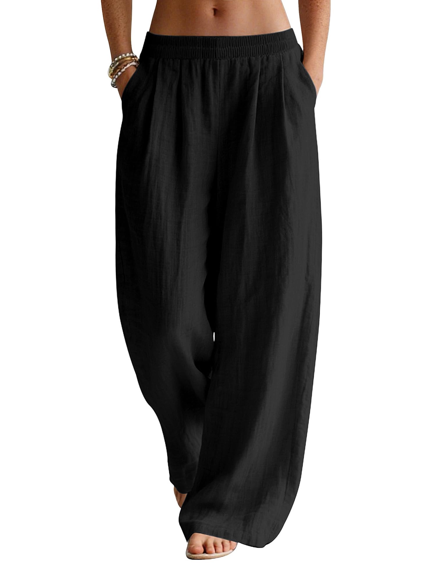 Photo 1 of LOMON Beach Vacation Clothes for Women Wide Leg Linen Pants Palazzo Summer Flowy Pants Elastic Waist Travel Lounge Trousers Outfits (Black, XL)