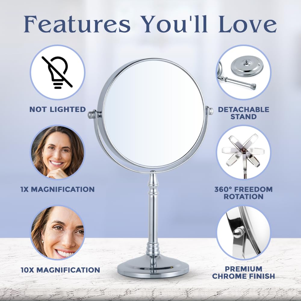 MIRRORVANA Large Double Sided 10X and 1X Magnifying Makeup Mirror with Stand in Gift Box, 15” Tall and 8” Wide
