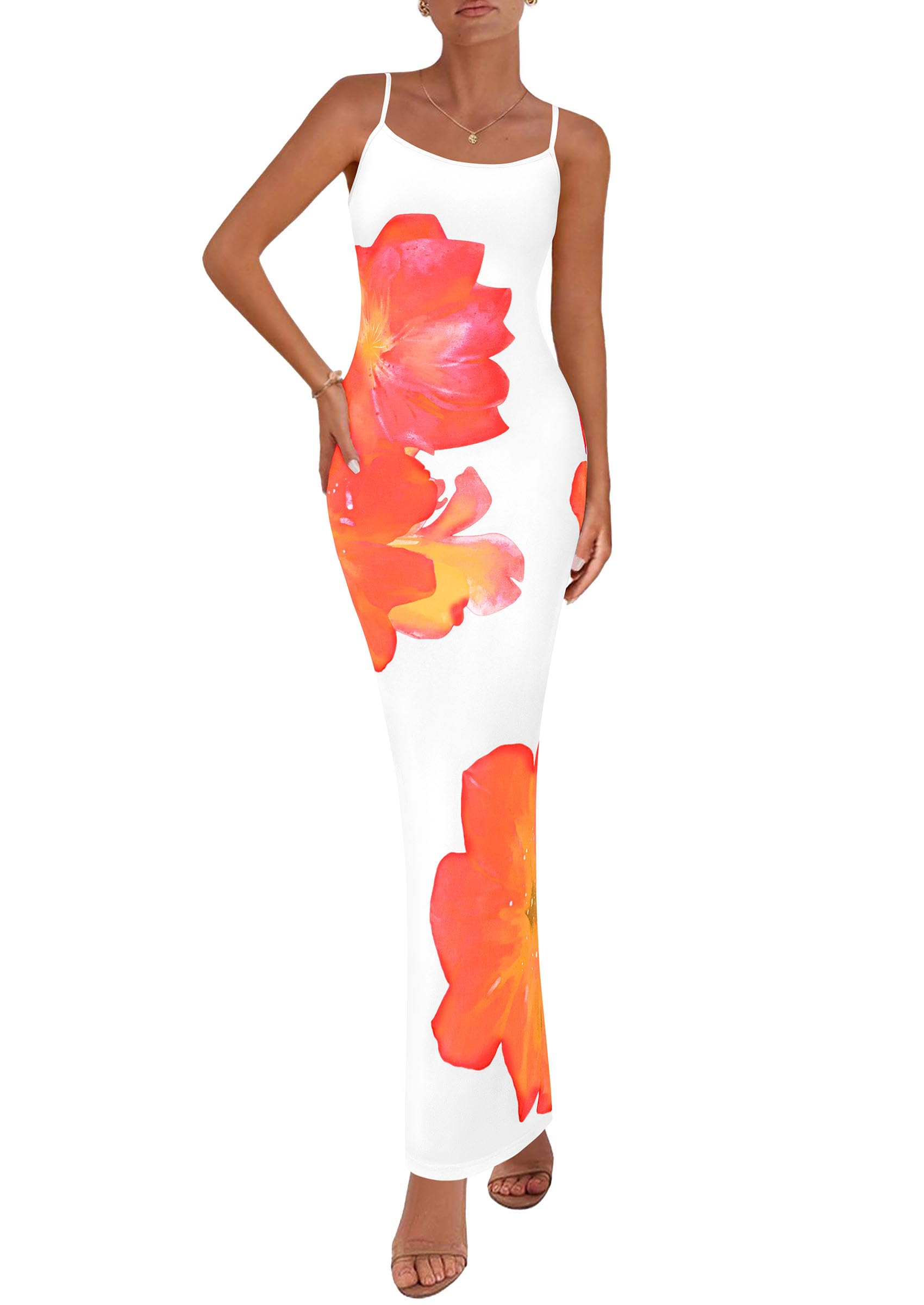 PRETTYGARDEN Womens Summer Floral Maxi Dress 2026 Sexy Spaghetti Strap Long Bodycon Mesh Party Beach Vacation Dresses(White Orange Floral,Small) Image