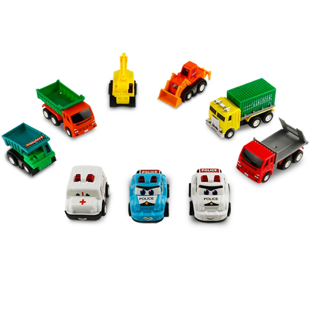 Polizeiauto Spielzeug Rennauto Baufahrzeuge Kinder Zurückziehen Auto Miniaturautos Set für Kinder mit 17 Auto