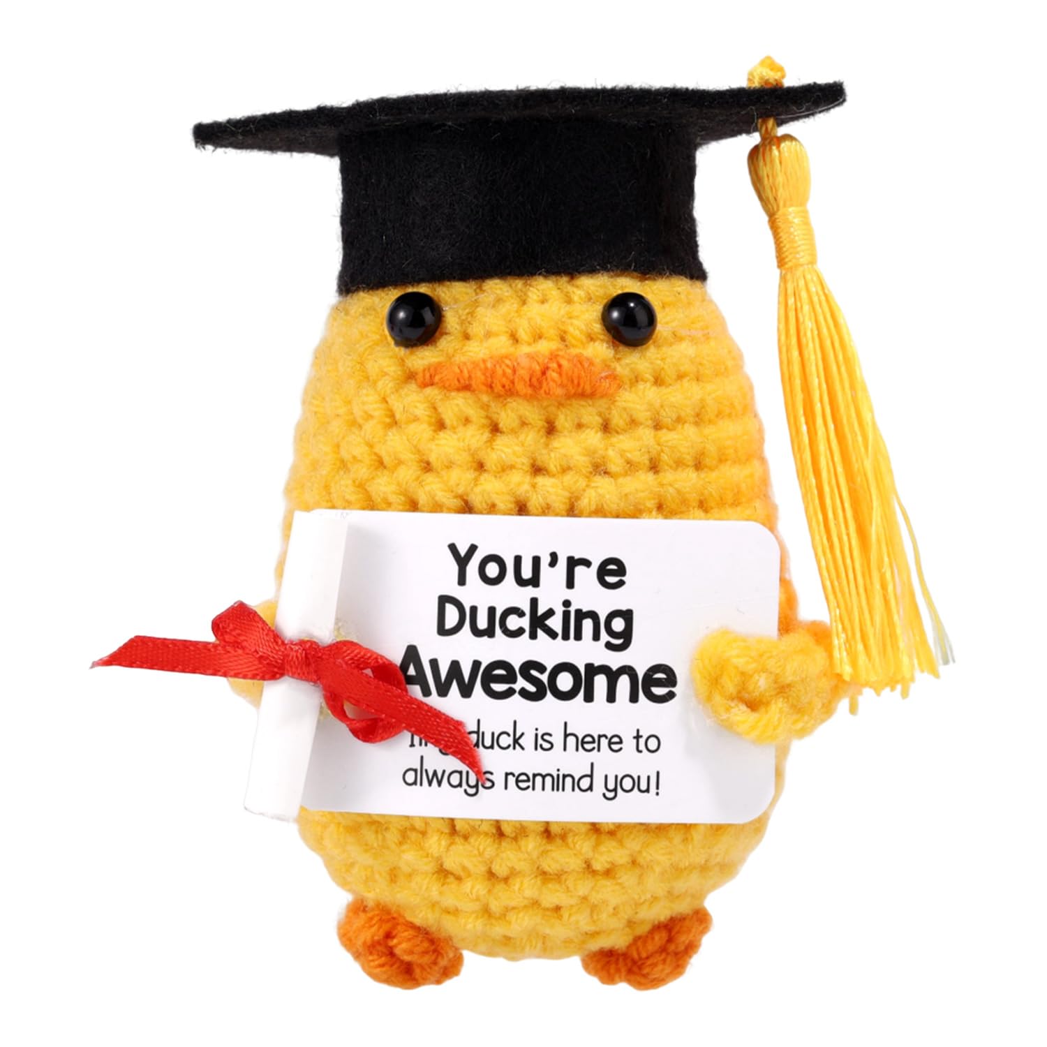 TOYMIS Positive Graduation Duck Crochet, Emotional Doll Support Graduation Crochet Animal with Grad Hat and Certificate You're Ducking Awesome for Encouraging Grad Gift Memorial Photo Prop