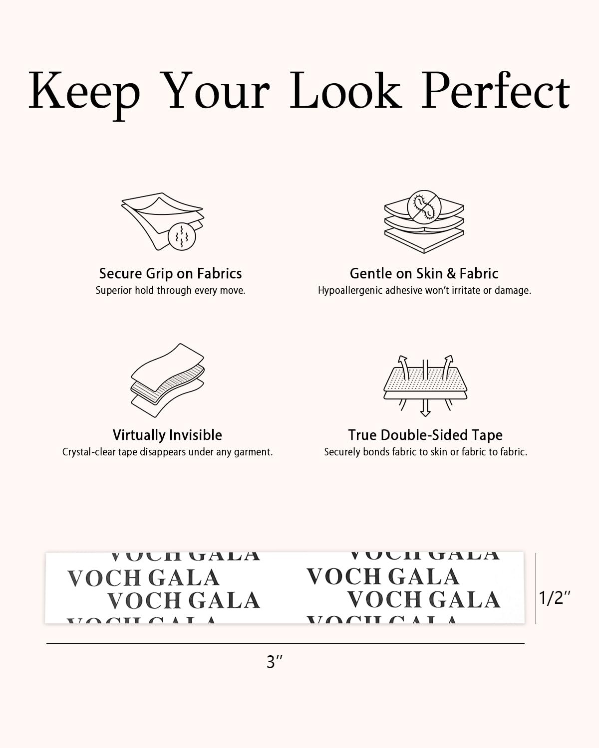 VOCH GALA Double Sided Tape for Clothes and Fashion – Stick & Easy Peel Clear Fabric Tape, Per-Cut Hypoallergenic Body Tape & Clothing Tape, Portable Emergency & Multi-Scene Use, Strong Hold