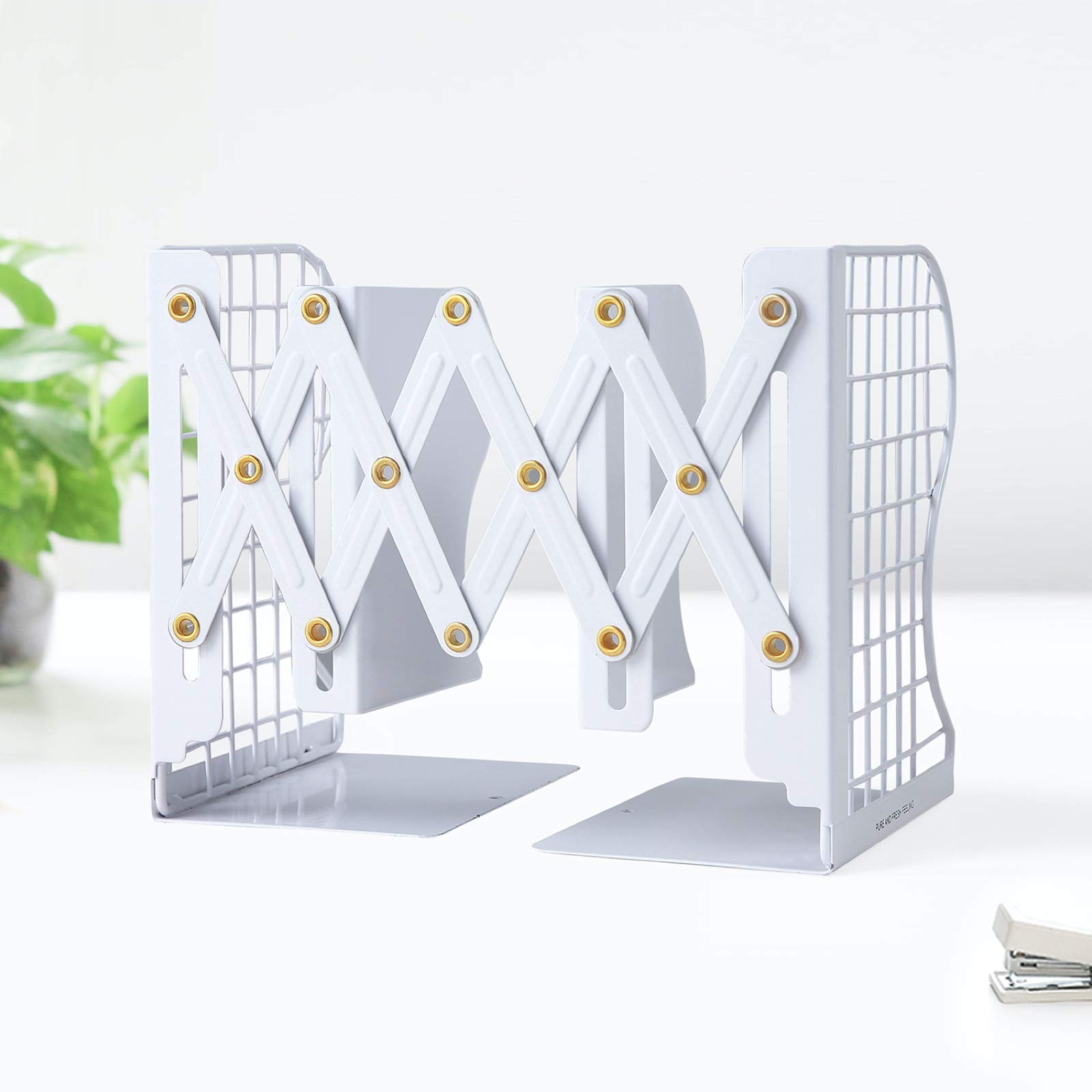 NADESSA Adjustable Bookends, Simple Heavy-Duty Hollow Metal Bookends, Adjustable Up to 14 Inches, Scratch-Resistant Hand Coating, Used in Schools, Libraries, Students, and Families (White)