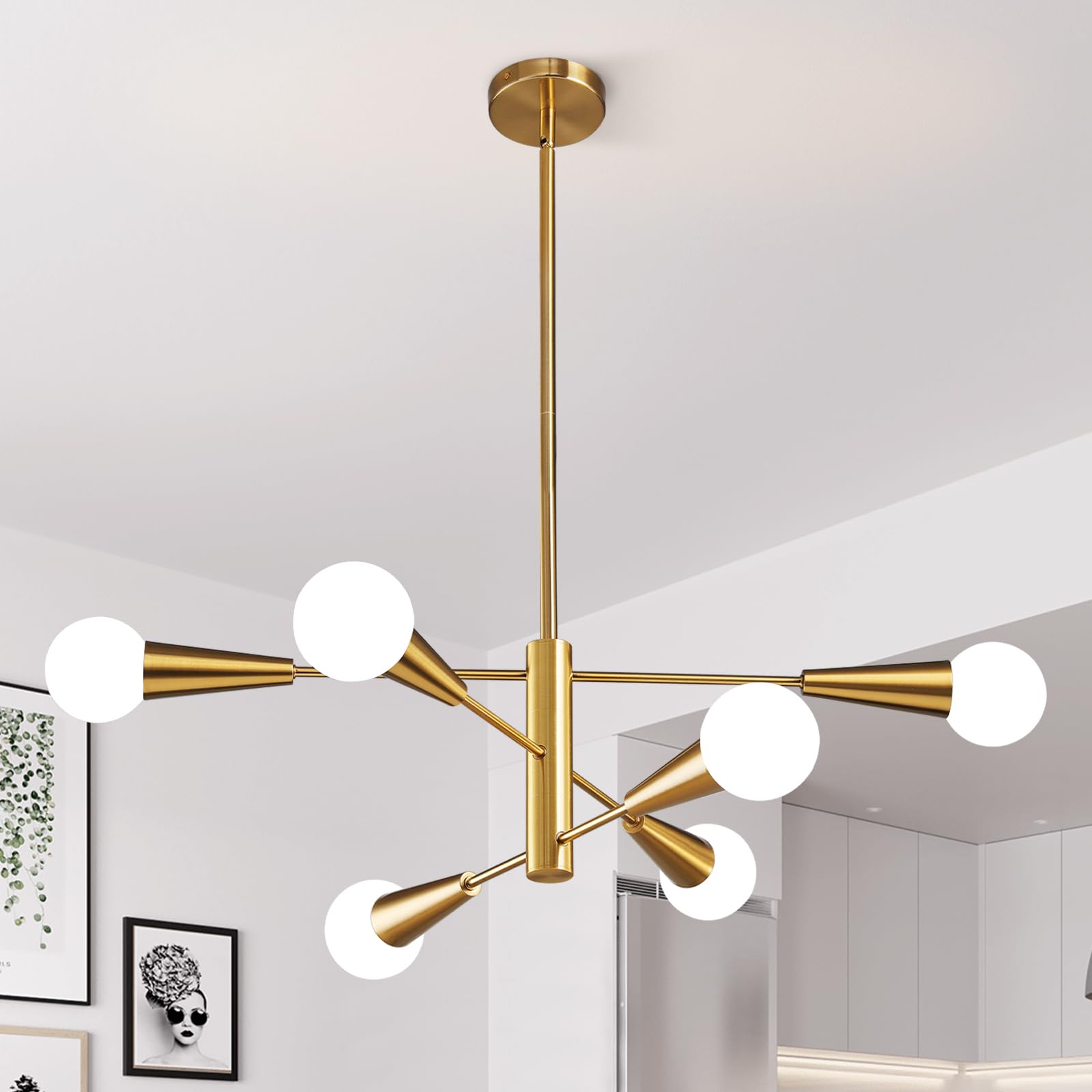 Photo 1 of KAISITE Sputnik Chandelier Modern Gold Chandelier 6-Light E26 Mid Century Ceiling Light Fixture Height Adjustable Hanging Pendant Lighting for Dining Room Kitchen Island Bedroom Office