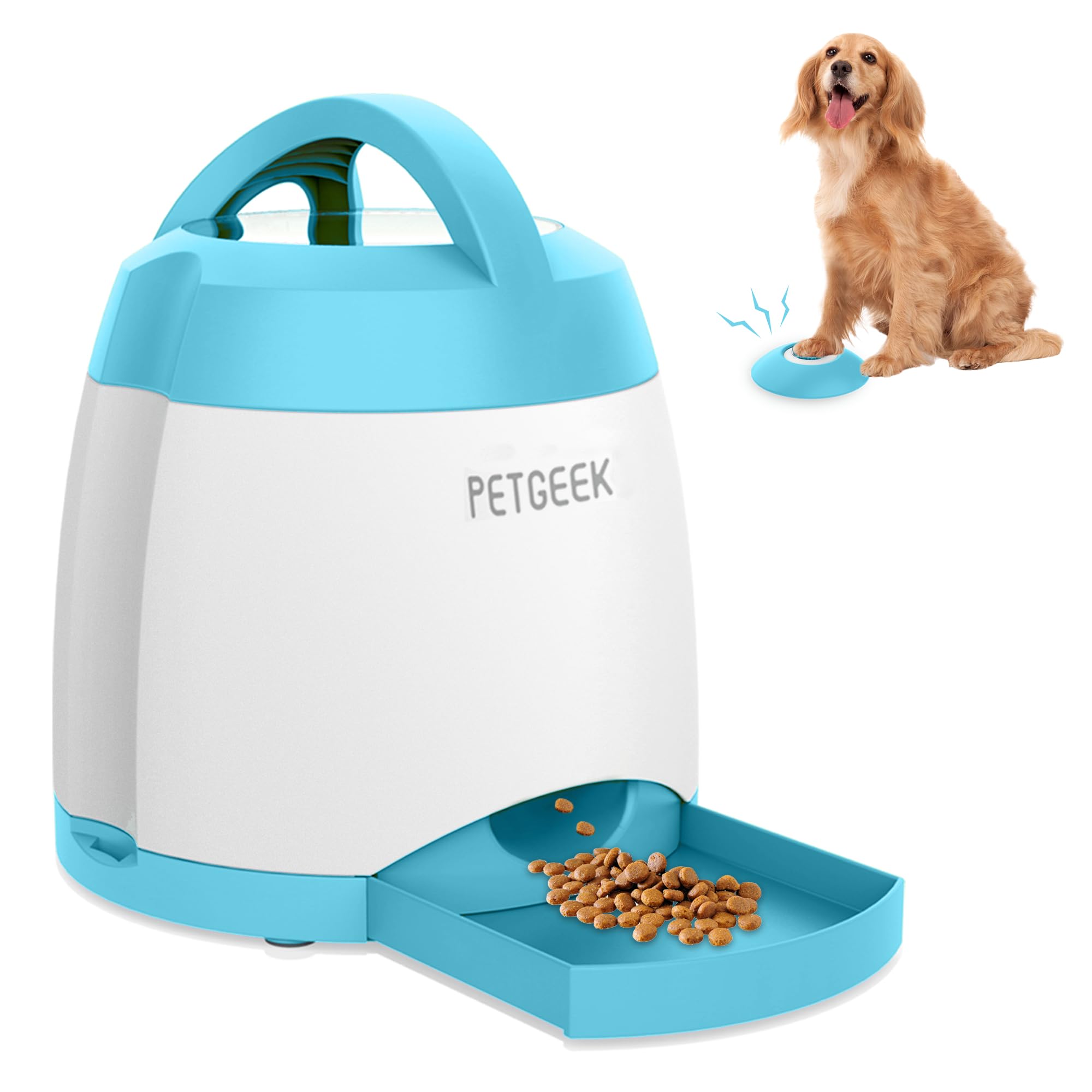 Photo 1 of PETGEEK Automatic Dog Feeder/Treat Dispenser with Rechargeable Button Remote Control, Interactive Dog Food Puzzle & Stimulation Toys, 400ml Capacity Pet Dispensing Toy for Indoor/Outdoor Play
