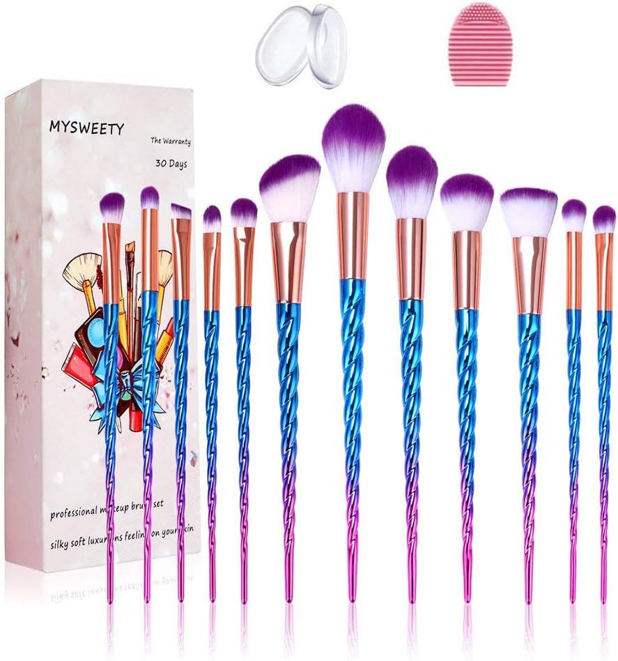16PCS Makeup Brush Set, MYSWEETY 2019 12PCS Foundation Colorful Unicorn Blending Cosmetic Eyeshadow Brush + 2pcs Silicone Makeup Sponge + 1pc Makeup Wash Egg