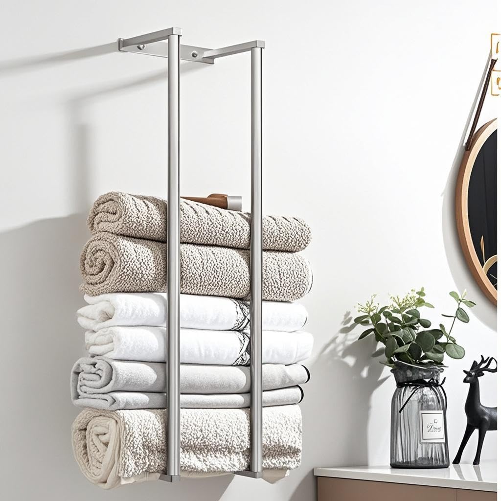 Towel Racks for Bathroom, Towel Racks for Bathroom Wall Mounted, Wall Mount Towel Rack for Storing Towels, Robes, Bathroom Towel Rack with Hooks for Small Space Bathroom Towel Storage, Silver