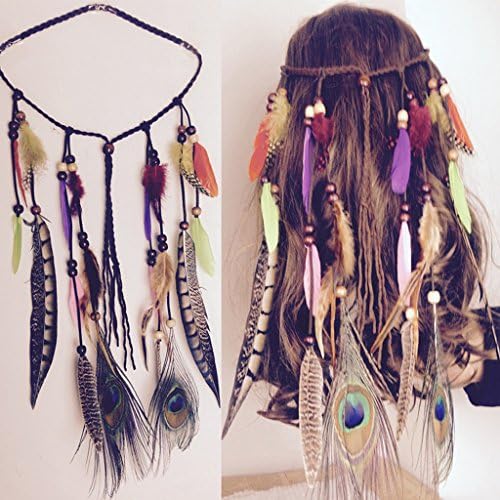 Venusvi Indian Headdress Women Bohemia Peacock Feather Tassel Headband Hippie