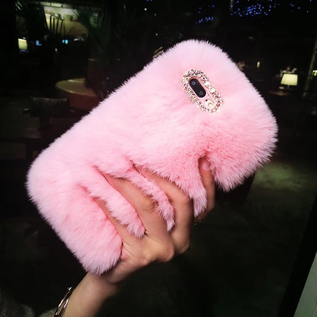 Tianyuanxuan Iphone 7/8 Plus Rhinestone Fur Case Bling Diamond for Girl Acrylic Crystal Cover Cute Furry Soft Shell for Iphone7/8 Plus-Pink