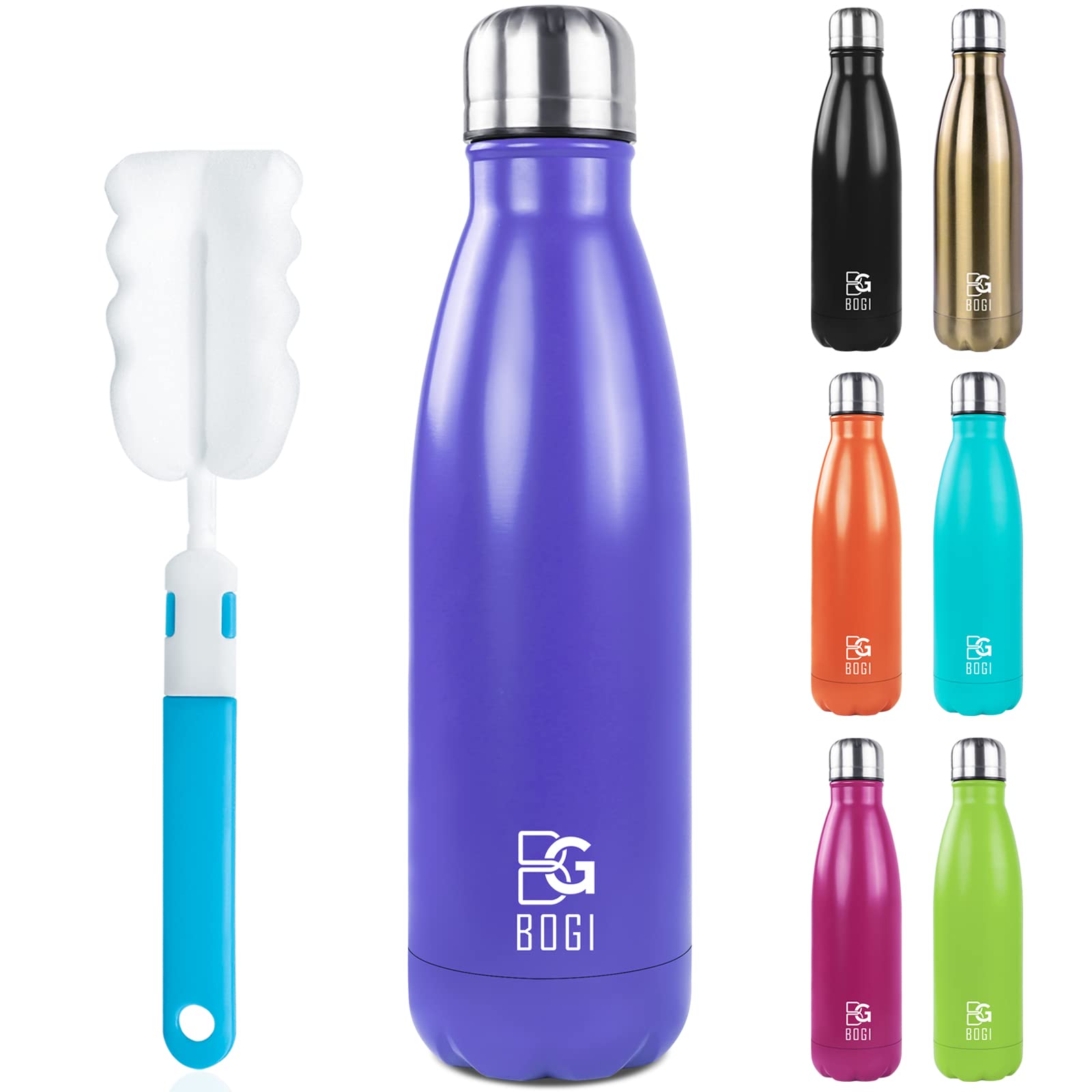 BOGI Insulated Water Bottles,500ml Metal Water Bottle,Leakproof Stainless Steel Water Bottle Keep Hot and Cold Water Bottle Bike Gym Sports Water Bottle with Cleaning Brush(Purple)