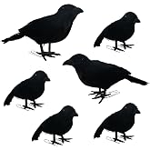 NEROSUN 6 Pack Halloween Black Feathered Crows, 5.7" &amp; 8.7" Realistic Feathered Black Birds Raven, Halloween Decoration for Indoor Outdoor Home Yard Garden Party Decor