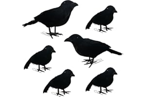 NEROSUN 6 Pack Halloween Black Feathered Crows, 5.7" & 8.7" Realistic Feathered Black Birds Raven, Halloween Decoration for Indoor Outdoor Home Yard Garden Party Decor