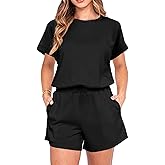 IWOLLENCE Womens 2 Piece Sets Summer Lounge Set Casual Short Sleeve Round Neck Tops and Elastic Waist Short Outfits Tracksuit