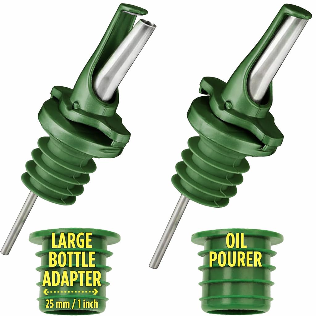 POURA Airtight Olive Oil Pourer Spout with BPA-Free Rubber & Dust Caps – ClickSeal Bottle Drizzler Keeps Oil Fresh – Use with Your Own Bottles – Includes Adapters – Green 2 Pack
