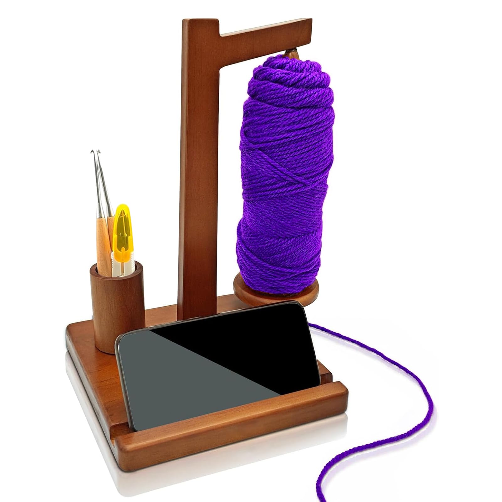 Wbgraceful Wooden Yarn Holder with Phone Stand, Hook Storage & Magnetic Spinner - Gift for Crochet Lovers, Knitters - Use for Crocheting, Knitting