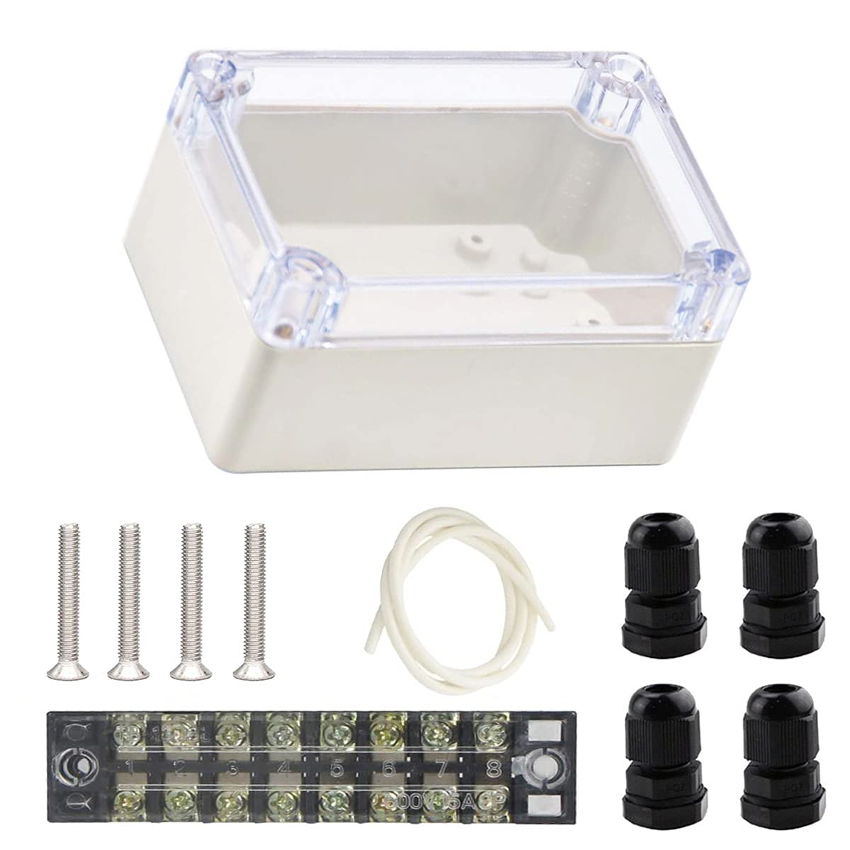 Youmile ABS Plastic Junction Box 100 x 68 x 50mm IP65 Waterproof Electronic Project Enclosure Box Transparent Cover for Outdoor with 8P Terminal Block, 4PCS PG7 Cable Gland