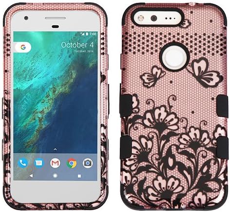 Google Pixel Case (2016), Rock Me Wireless (TM) 2 items Bundle - 24K Gold Plating Sticker and [Military-Grade Certified] Triple Layers Hybrid Protective Case Cover. (Lace Flowers / Rose Gold)