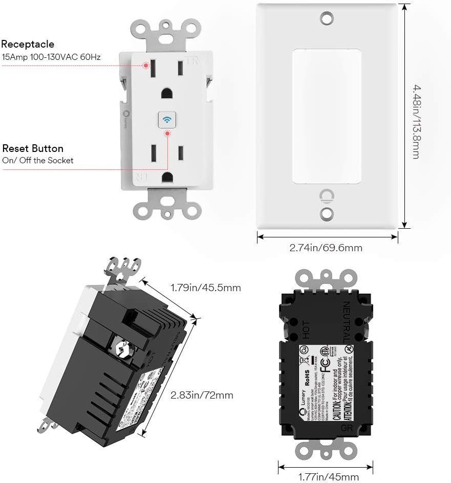 Lumary Smart WiFi In-Wall Outlet 15 Amp Tamper Resistant Split Duplex Receptacle - 2 Plugs, Compatible with Alexa, Google Home (No Hub required) - - 