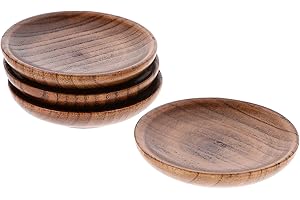 TOVINANNA Small Round Wooden Sauce Bowls 4Pcs Mini Dipping Plates for Soy Sauce and Condiments in Food Shops