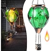 St Patricks Hot Air Balloon Solar Lantern - Patrick's Shamrock Glass Lantern, Simulated Flickering & Dancing Flame, Outdoor Hummingbird Hanging Yard Light for Patio Porch Decor Irish Clover Gift