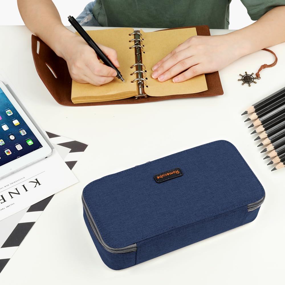 Homecube Capacious Pencil Case Pen Box Makeup Bag Pouch Pencils Holder Large Storage Stationery Box with Zipper School Supplies for College and Office - Navy Blue