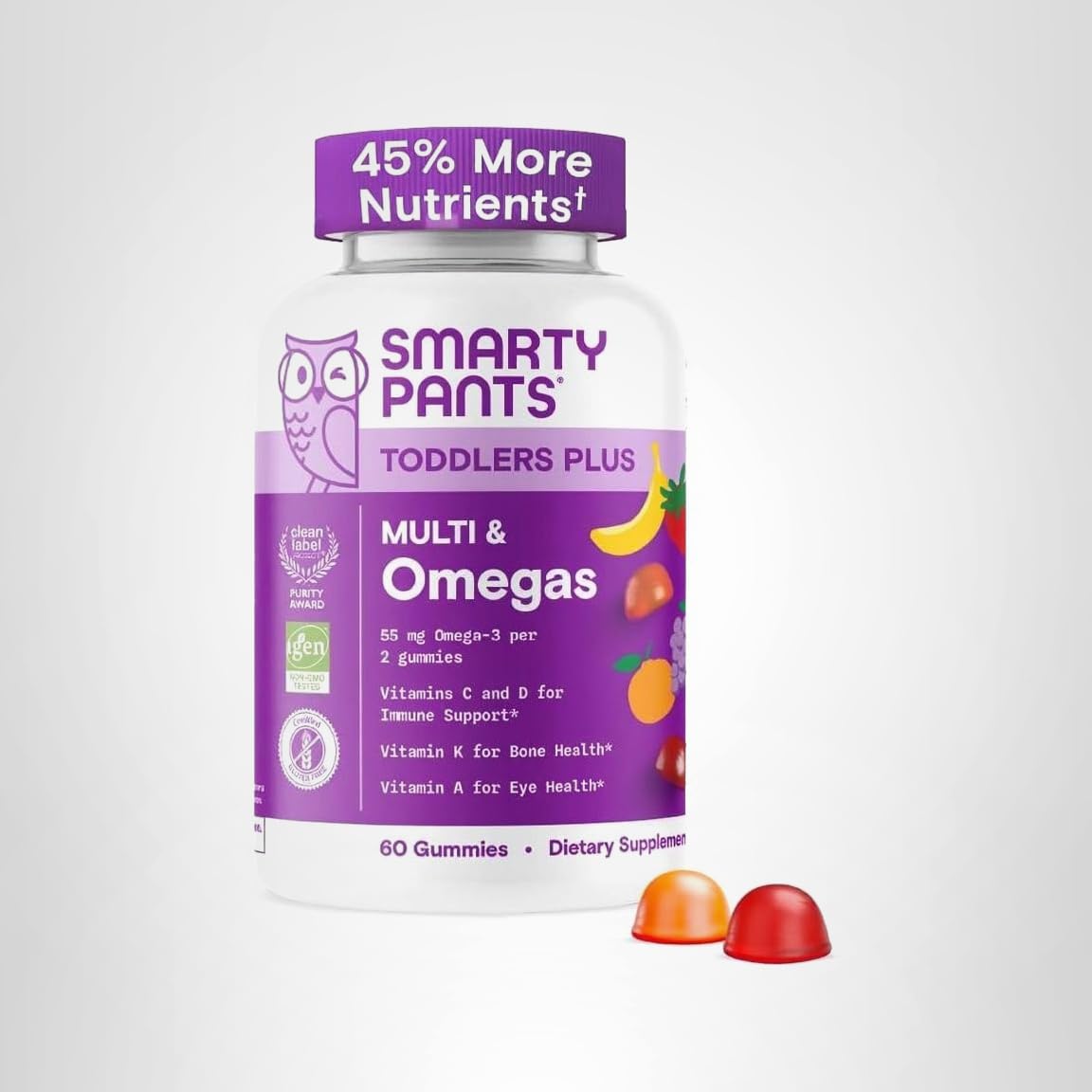 SmartyPants Toddler Multivitamin Gummies - Improved Formula: Omega 3 (DHA/EPA), Vitamins D3, C, Vitamin B12, B6, A, K & Zinc, Biotin, Gluten Free, Three Fruit Flavors, 60 Count (30 Day Supply)