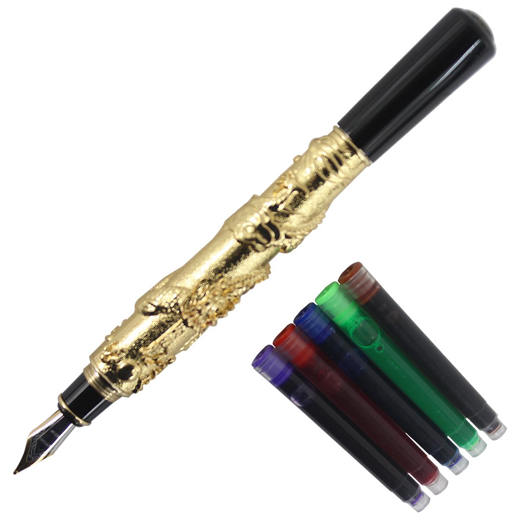 Gullor Chinese Dragon Antique Silver Basso-Relievo Fountain Pen Original Gift Box Pen Pouch Ink Cartridges Set - Golden