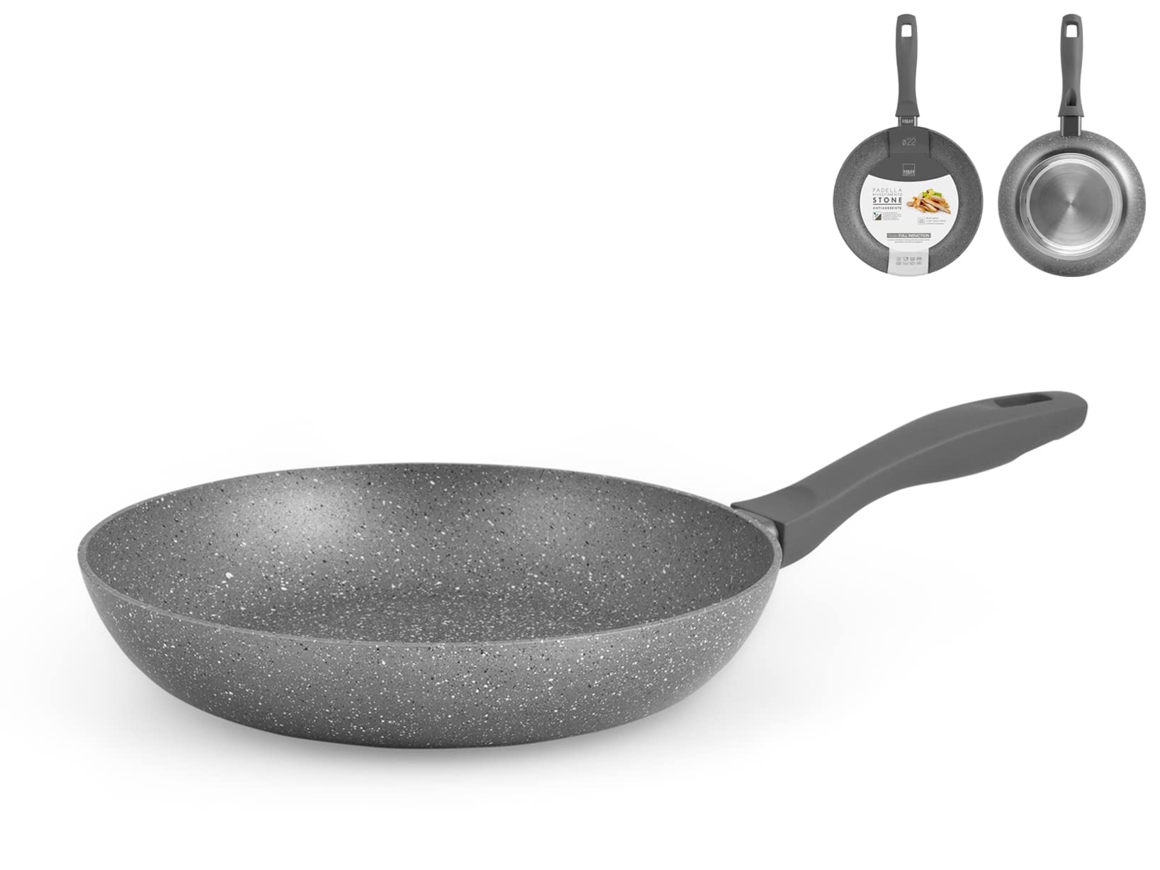 H&H Stone Frying Pan, Non-Stick with Base Suitable for Induction Hob, Grey, 22 cm