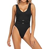 Vogueric Womens One Piece Swimsuit Ribbed O-Ring Belted U-Back Swimwear High Cut Cheeky Bathing Suit