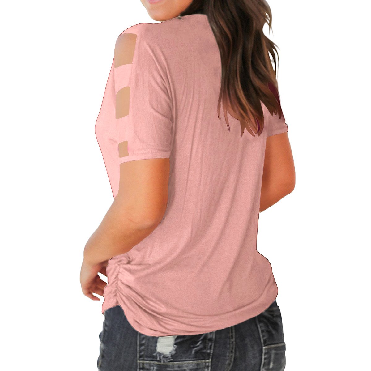 Eanklosco Womens Summer Short Sleeve Cold Shoulder Tops V Neck Basic T Shirts (Pink, XL)