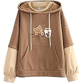 EMILYLE Women Cute Hoodie Girl Cartoon Bear Embroidery Long Sleeve Hoodie Patchwork Kawaii Sweatshirt