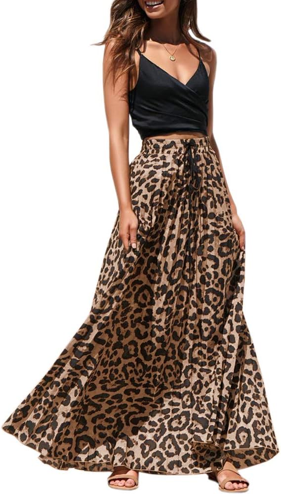 ChuanqiWomens Maxi Skirt Leopard Print Chiffon Beach Pleated High Waisted A-Line Long Skirts