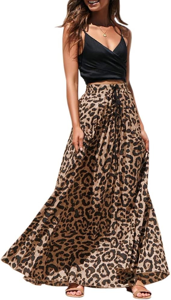 Womens Maxi Skirt Leopard Print Chiffon Beach Pleated High Waisted A-Line Long Skirts: Clothing