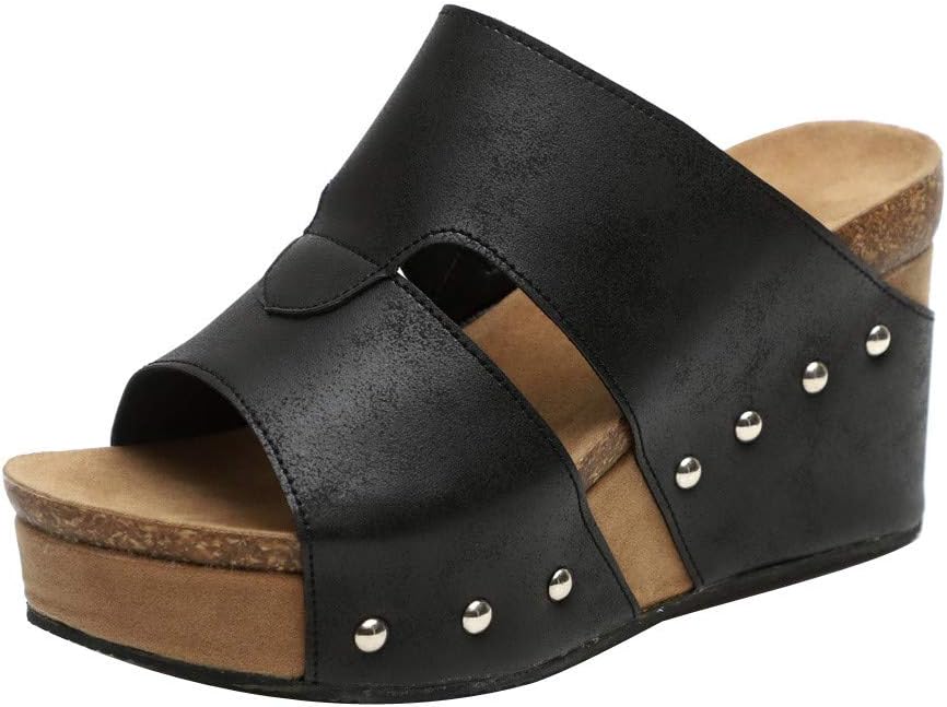 Women's Wedge Sandal Summer Beach Open Toe Cutout Rivet PU High Heel Platform Pump Sandals (Black, US:8.5)