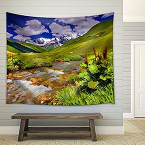 Digital Artwork in Watercolor Painting Style. Fantastic Landscape with a River in The Mountains. - Fabric Wall Tapestry Home Decor - 51x60 inches