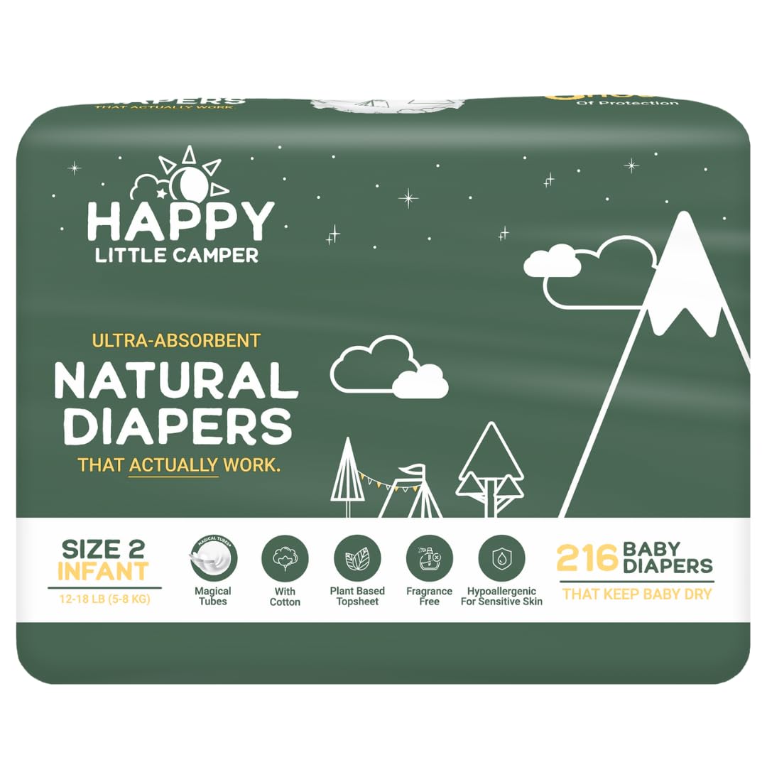 Happy Little Camper Ultra-Absorbent Natural Baby Diapers Size 2 - Hypoallergenic, Unscented & Chlorine-Free Disposable Diapers Safe for Sensitive Skin - Infant Diapers Monthly Pack - 216 Count