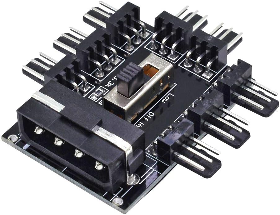 8 Fan Controller Hub Adapter with 2 Level Speed Control, 3 Pin, 12V MOLEX Power - Black