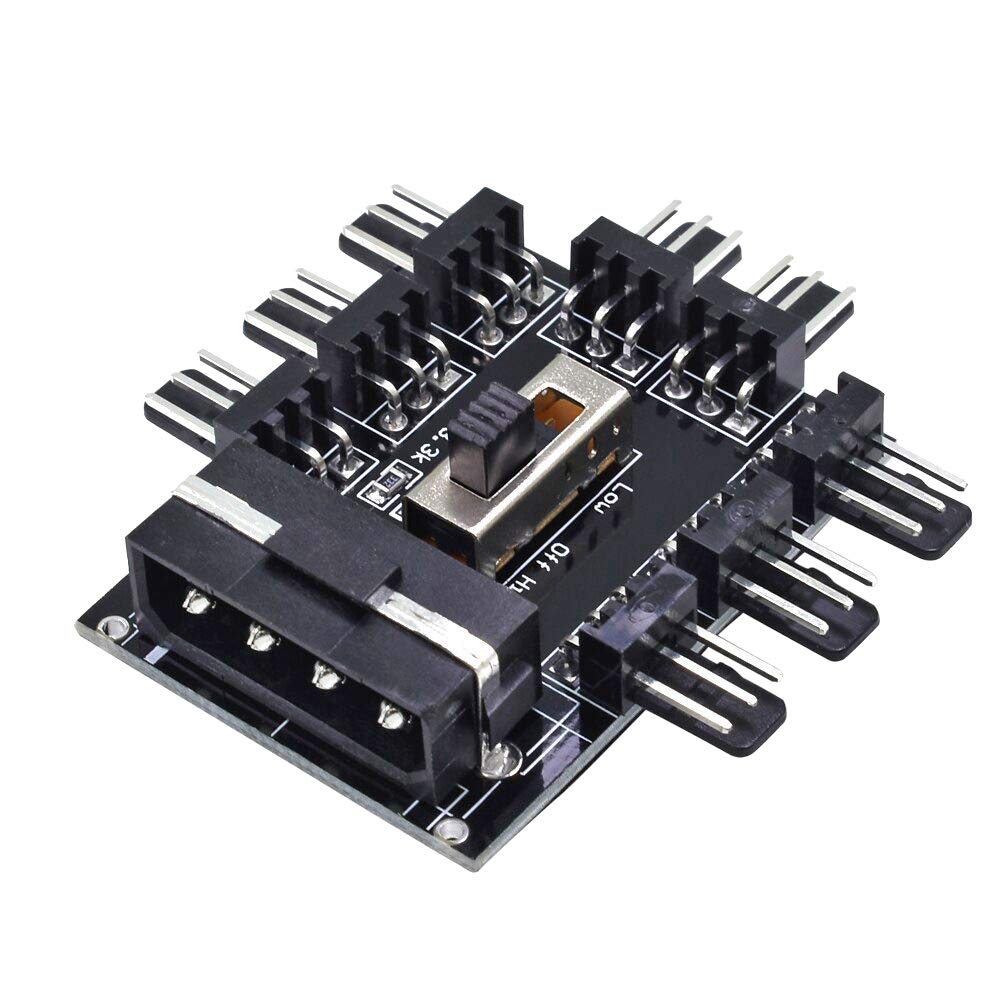 8 Fan Controller Hub Adapter with 2 Level Speed Control, 3 Pin, 12V MOLEX Power - Black