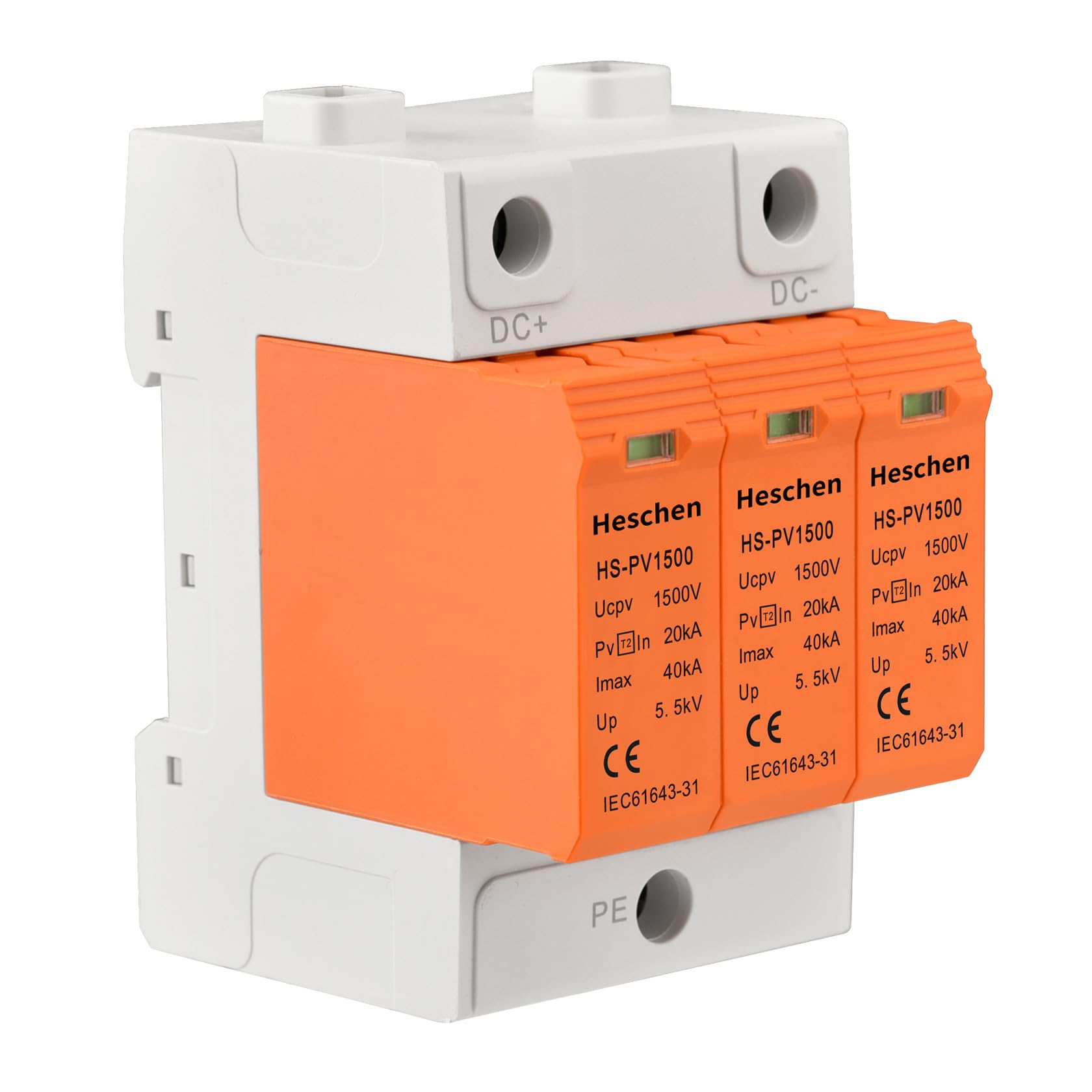 Heschen Surge Protective Device for PV, HS-PV1500, 3P 1500VDC 20KA, Fire-Proof, 35mm DIN Rail Mounting