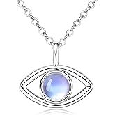 925 Sterling Silver Evil Eye Moonstone Necklace for Women,14K White Golden Plated Unique Evil Eye Pendant,Minimalist Design June Birthstone Necklace, Hypoallergenic Amulet Protection Jewelry Gift for Her