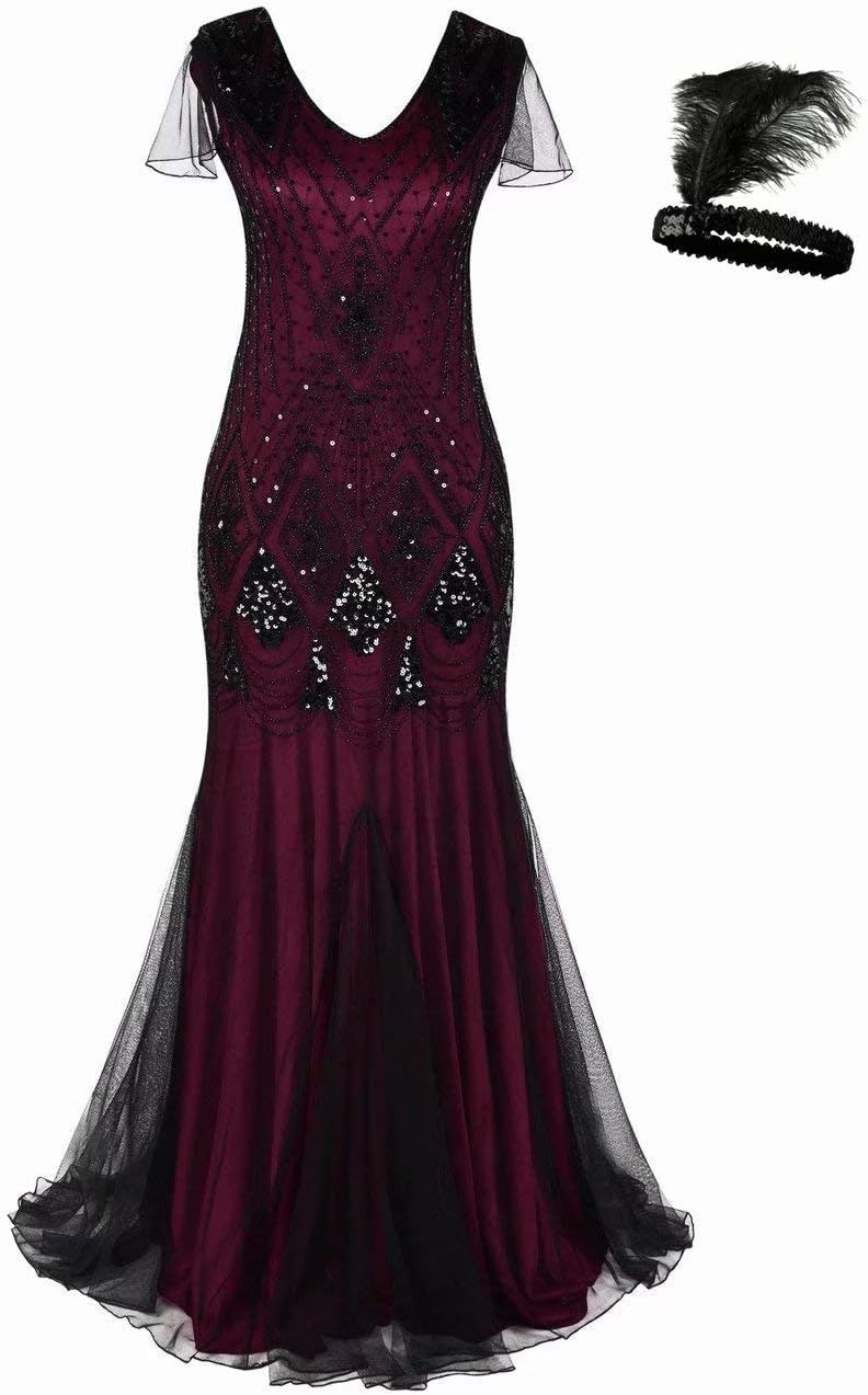 aifuu1920s Gatsby Flapper Dress Women Long Prom Evening Gowns Beaded Sequin Mermaid Hem Ball Party Costume Plus Size