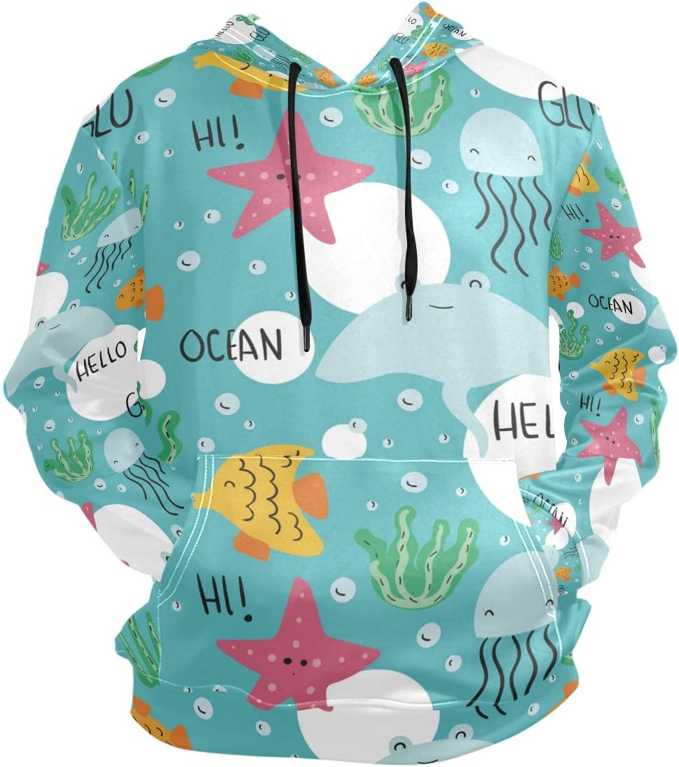 Mens Hoodie Marine Starfish Seaweed Jellyfish Blue Drawstring Hooded Sweatshirt