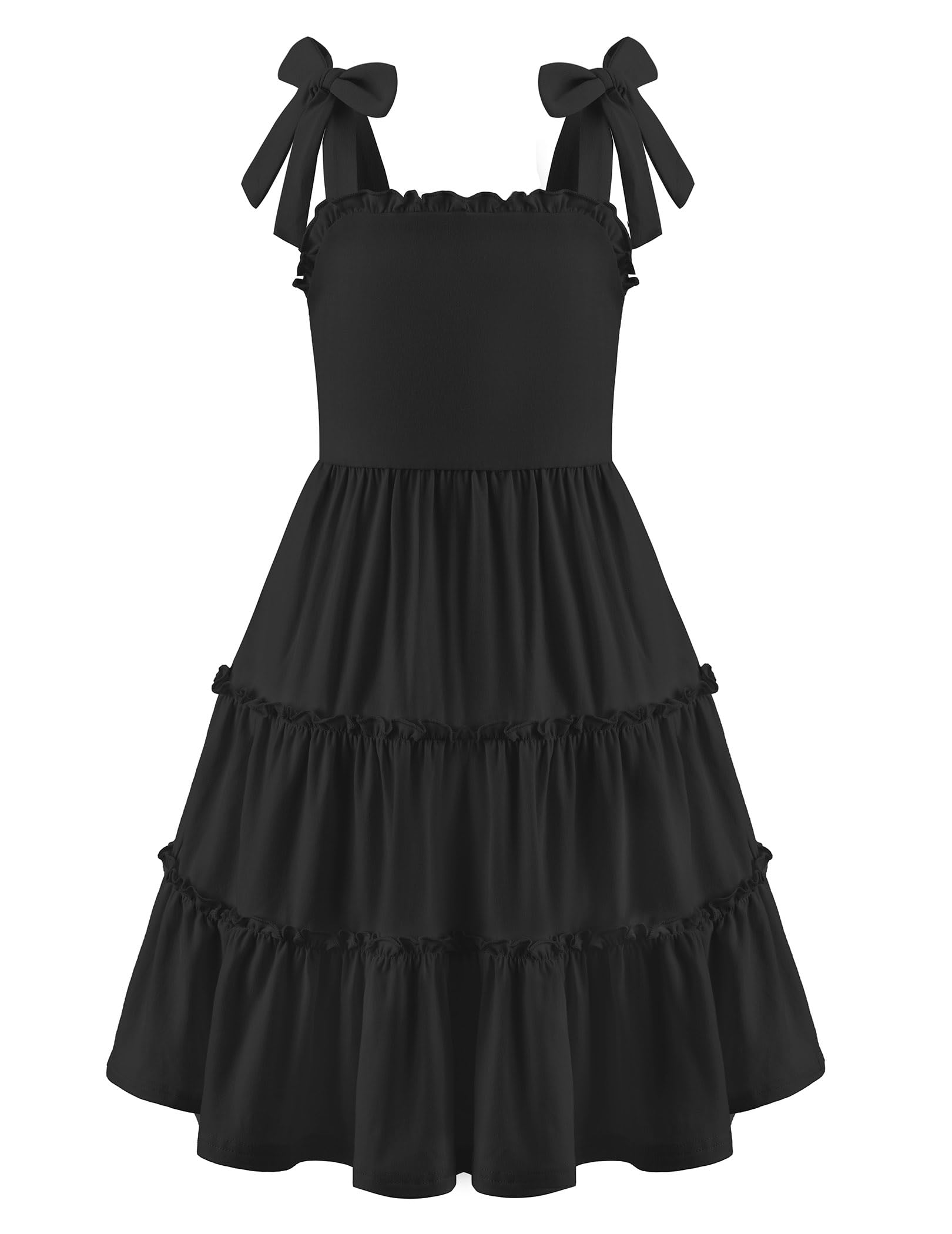 Photo 1 of Arshiner Tween Girls Black Sundress Summer Formal Bowknot Strap Sleeveless Ruffle Tiered Dresses for 5-6 Years