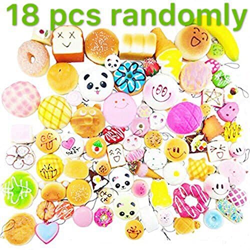 18 pcs Kawaii Squishies Jumbo/Medium/Mini Random Cake Bread Panda Bun with Phone Straps squishy (18 pcs)